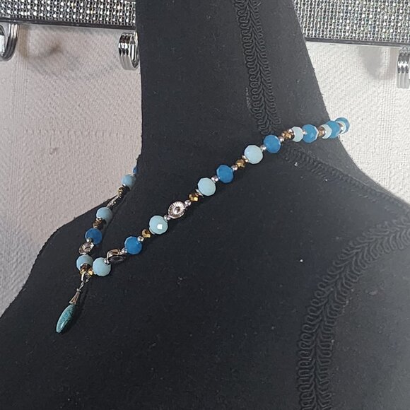 Blue and Gold Beaded Silver Tone Flower Faux Turquoise Pendant Boho 18" Necklace - Picture 7 of 16